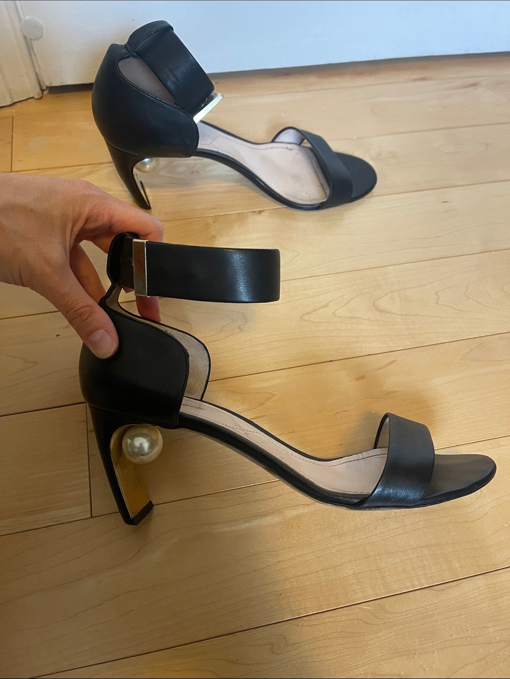 Nicholas Kirkwood Black Ankle-Strap Heeled Sandals with Pearl Accent